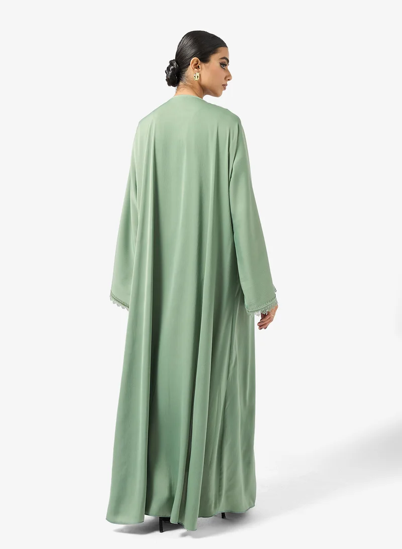 hayas closet Lace Detailed Open Front V Neck Abaya